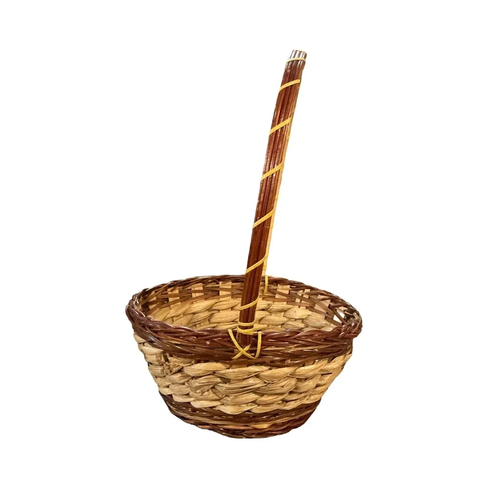 Vintage Two Tone Woven Wicker Basket with High Handle 13in x 8.5in x 7.5in